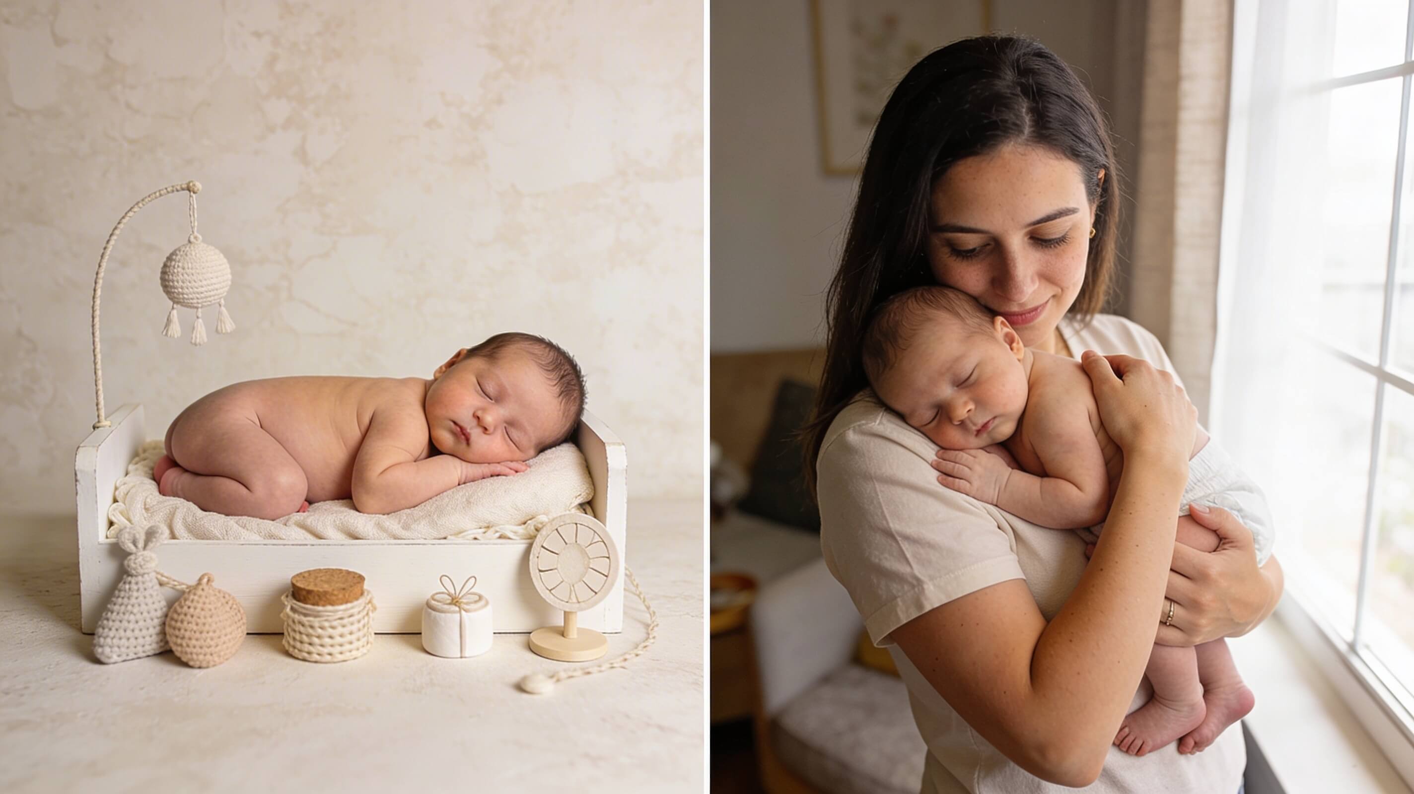 Comparación de fotografía de recién nacidos: a la izquierda poses newborn artísticas en estudio con bebé dormido en una cesta blanca con accesorios, a la derecha una foto lifestyle natural de una mamá sujetando tiernamente a su bebé junto a una ventana