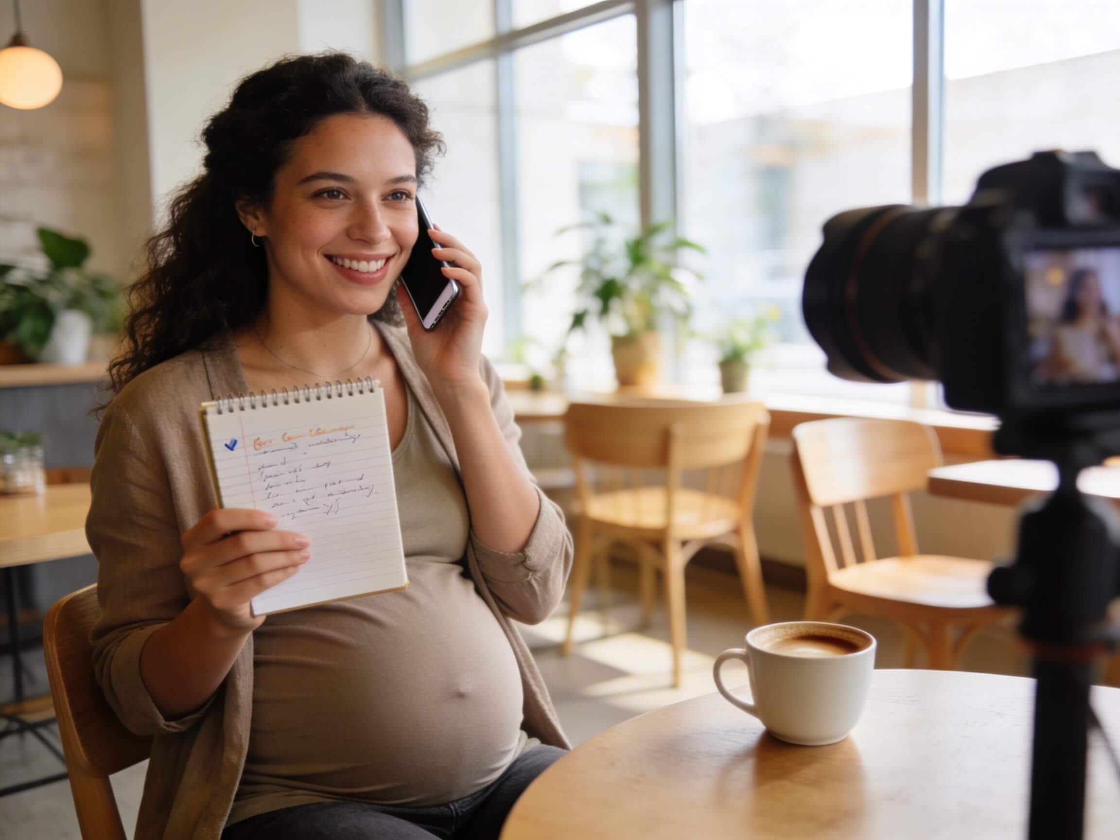 Futura mamá embarazada sonriendo en una llamada telefónica con un cuaderno de notas en la mano, ilustrando la preparación de la lista de preguntas antes de reservar una sesión de fotos de bebé