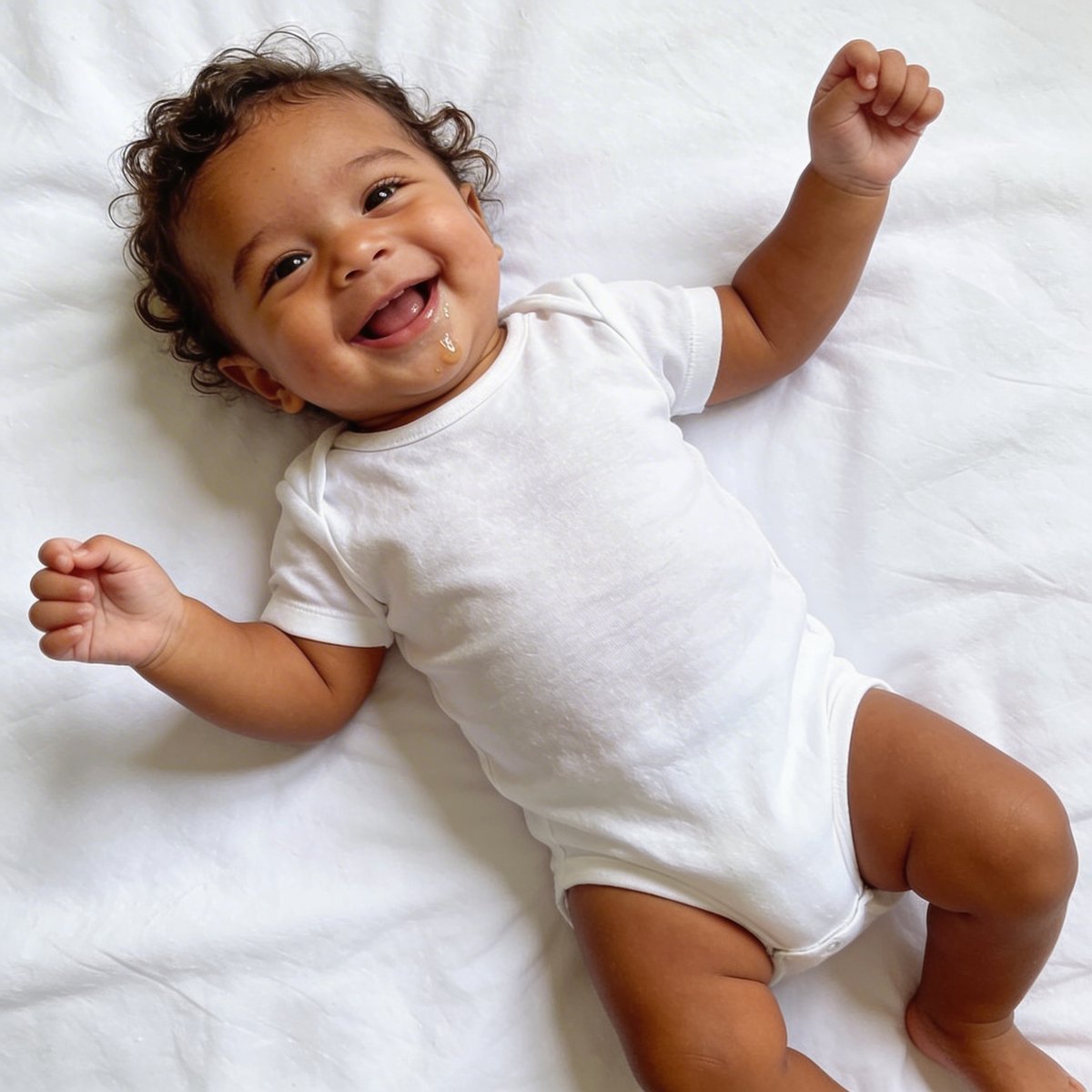 Bebé de unos dos a tres meses, despierto y con una gran sonrisa mirando directamente al objetivo