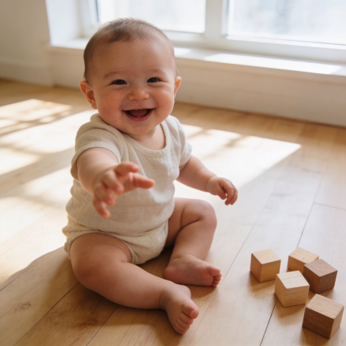 Bebé de 6-9 meses sentado de forma autónoma con una gran sonrisa durante una sesión fotográfica