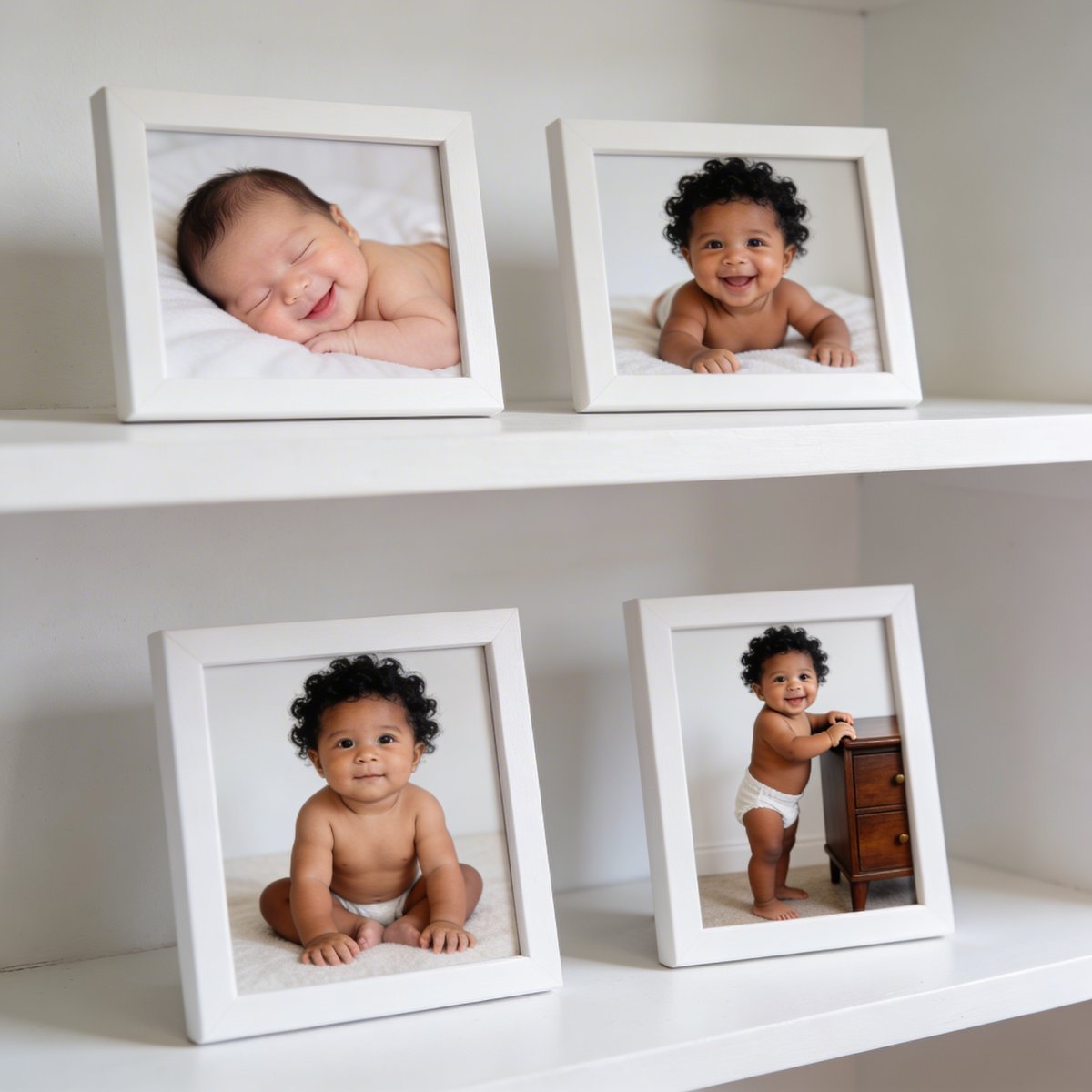 Colección de fotos que muestra la evolución de un bebé de 0 a 12 meses a través de diferentes sesiones