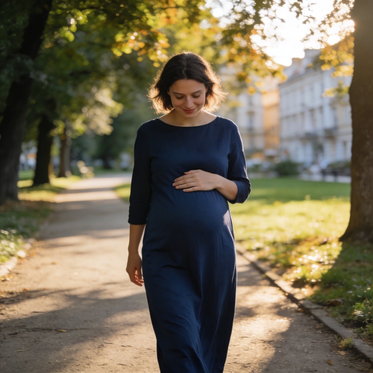 Futura mamá con vestido azul marino caminando por un sendero de parque durante una sesión de fotos al aire libre