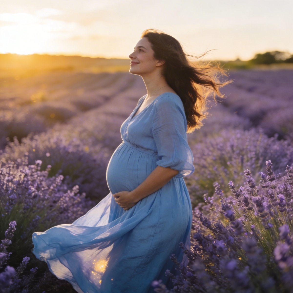Futura mamá con vestido azul en un campo de lavanda al atardecer, imagen luminosa y apacible