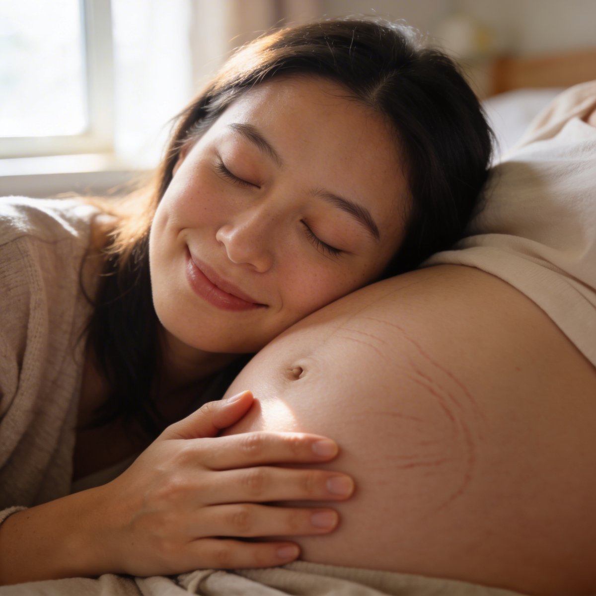 Futura mamá tumbada con la mejilla apoyada sobre su barriga redonda, momento íntimo y auténtico