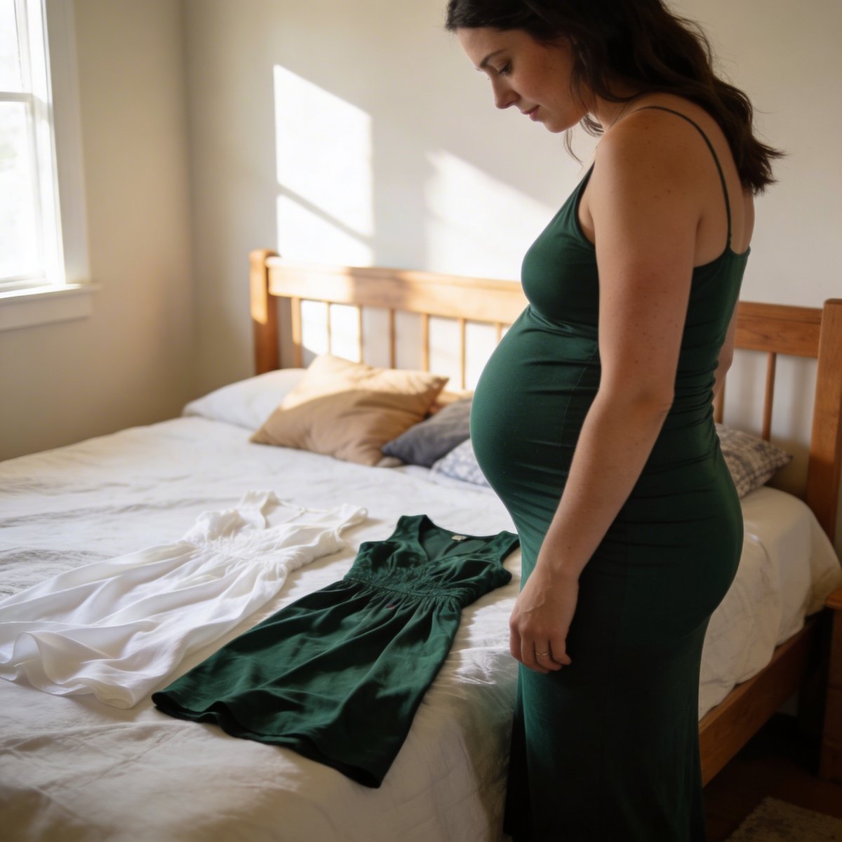 Futura mamá preparando su sesión de fotos de embarazo con ropa y accesorios