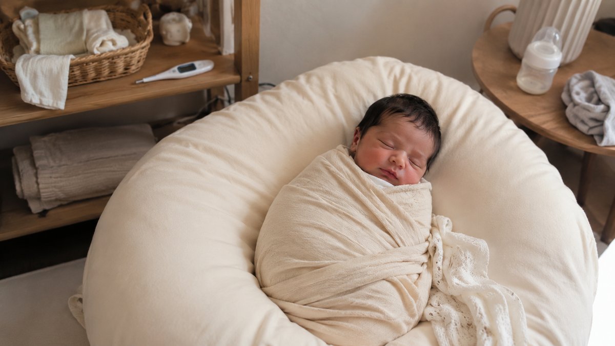 Recién nacido dormido en posición fetal durante sesión fotográfica profesional newborn