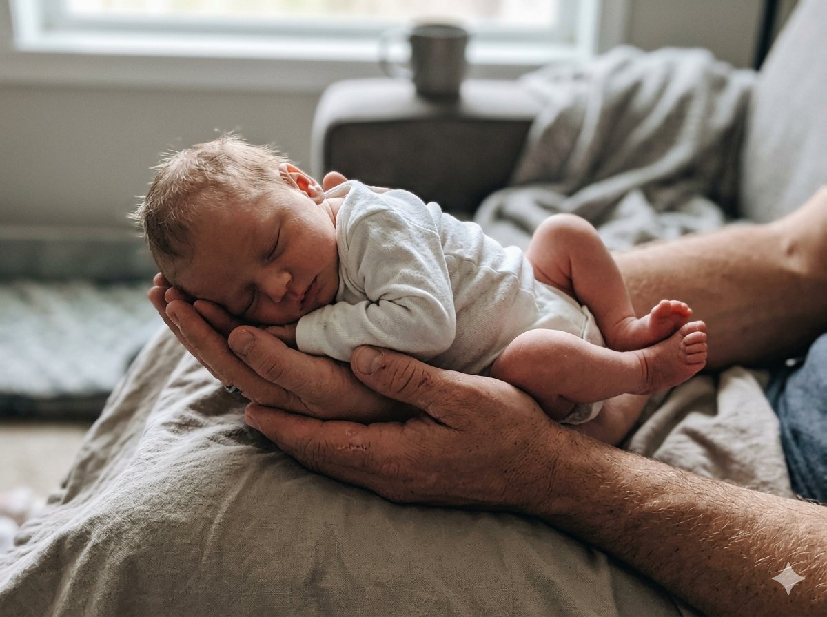 Recién nacido dormido en las manos de su padre, sesión lifestyle en casa