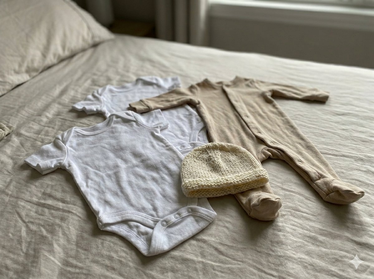 Body, pijama y gorrito preparados sobre la cama antes de la sesión